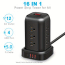 Una regleta de alimentación negra con protección contra sobretensiones, que incluye 12 tomas de CA, 3 puertos USB y 1 puerto tipo C, junto con un cable de extensión de 5 pies, adecuado para el hogar, la oficina, la cocina, el garaje y el dormitorio, maxi
