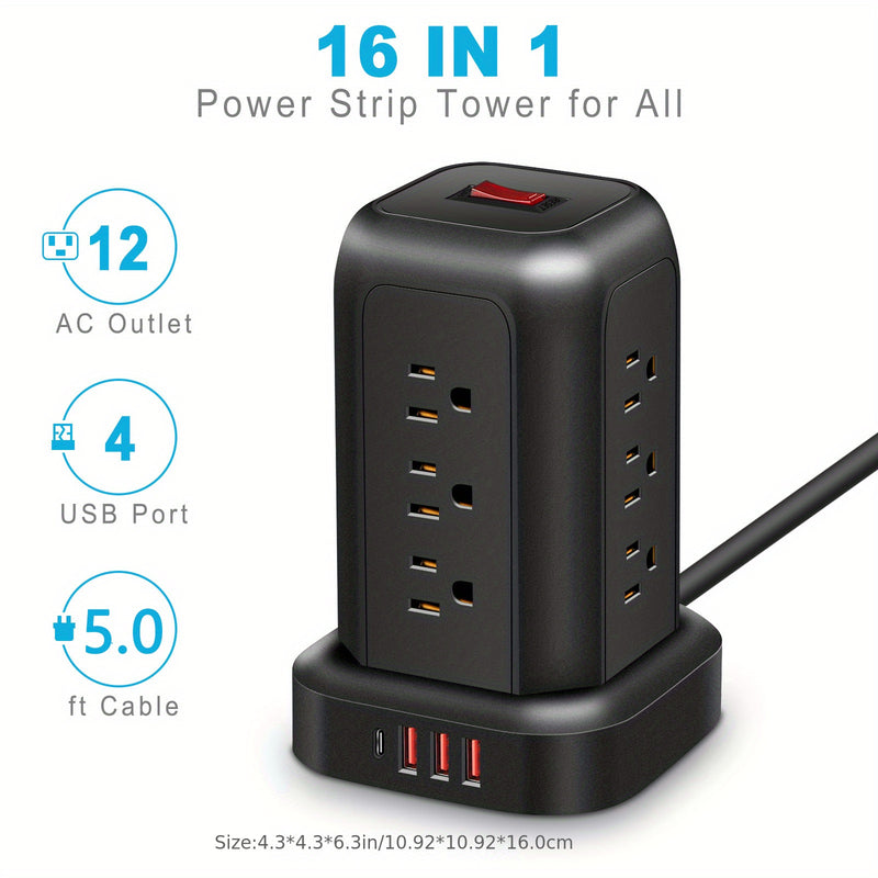 Una regleta de alimentación negra con protección contra sobretensiones, que incluye 12 tomas de CA, 3 puertos USB y 1 puerto tipo C, junto con un cable de extensión de 5 pies, adecuado para el hogar, la oficina, la cocina, el garaje y el dormitorio, maxi