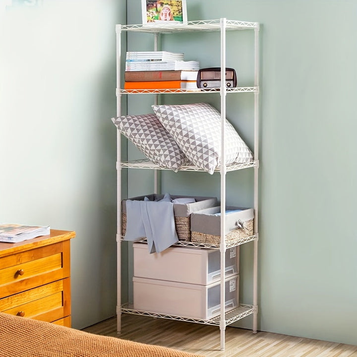 1 estante metálico ajustable de 4-5 niveles - Acero al carbono resistente, blanco con tubos dorados, diámetro de 12-16mm, organizador de almacenamiento montado en el suelo para hogar, oficina o garaje, capacidad de 10-15kg, no requiere batería, ensamblad