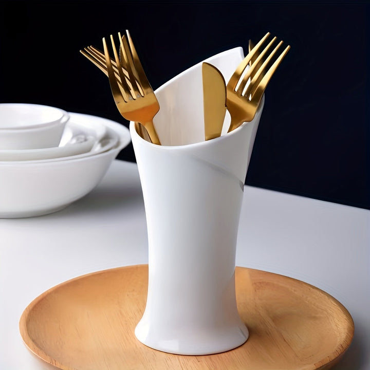 Juego de 1 elegante recipiente de cerámica blanca para utensilios, soporte de cubiertos de lujo para comedor, organizador versátil de cubiertos y palillos para cocina, hogar y uso en restaurantes