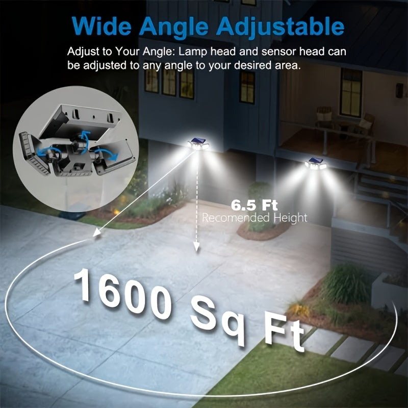 Luz solar exterior con 74 LED, diseño giratorio 360° de 3 cabezas, iluminación en 3 lados, sensor de movimiento con encendido automático, doble batería de alta capacidad, 3 niveles de intensidad, ideal para jardín, garaje, porche y caminos (2 baterías de
