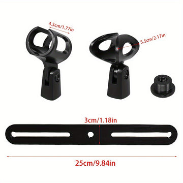 Barra de montaje de micrófono de 1 a 2 con clips de mic: Rosca ajustable de 3/8" para la mayoría de los soportes de micrófono y brazos de boom