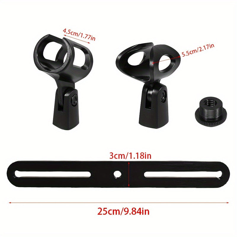 Barra de montaje de micrófono de 1 a 2 con clips de mic: Rosca ajustable de 3/8" para la mayoría de los soportes de micrófono y brazos de boom