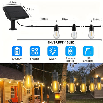 AVANLO 15.0 metros/8.99 metros de luces de cuerda solares para exteriores con control remoto - Bombillas LED S14 regulables, iluminación continua de 12 horas, diseño anticaída para jardines, cafeterías, calles, festivales y espacios públicos, luces solar