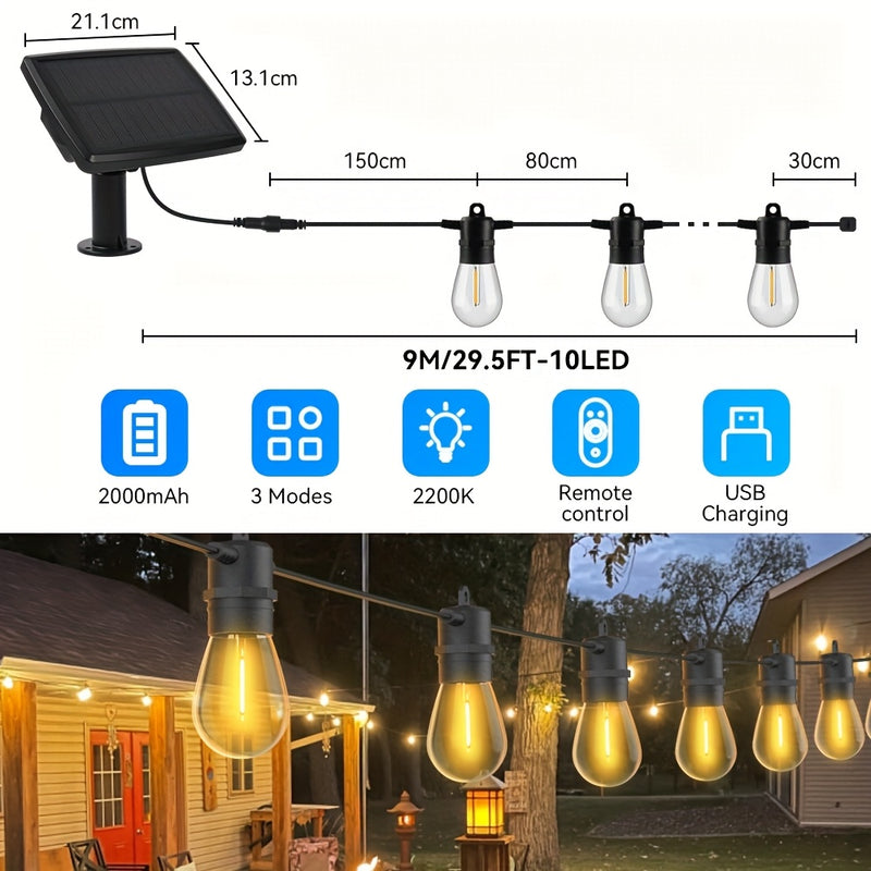 AVANLO 15.0 metros/8.99 metros de luces de cuerda solares para exteriores con control remoto - Bombillas LED S14 regulables, iluminación continua de 12 horas, diseño anticaída para jardines, cafeterías, calles, festivales y espacios públicos, luces solar