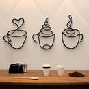 1 taza de café de metal negro moderno, escultura de patrón gráfico, decoración de tema cultural para pared para salón, restaurante, fondo de habitación, uso interior - Arte de hierro de lujo colgado en la pared