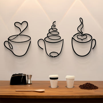 1 taza de café de metal negro moderno, escultura de patrón gráfico, decoración de tema cultural para pared para salón, restaurante, fondo de habitación, uso interior - Arte de hierro de lujo colgado en la pared