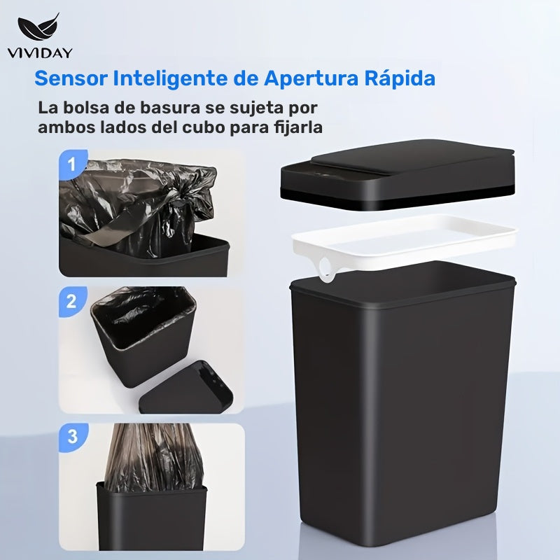 Bote inteligente, pequeño contenedor con tapa para uso doméstico, capacidad de 10 litros, adecuado para dormitorio, baño, oficina, sala de estar, sin batería, bote inteligente con sensor, bote automático de basura con succión eléctrica para baño y sala d