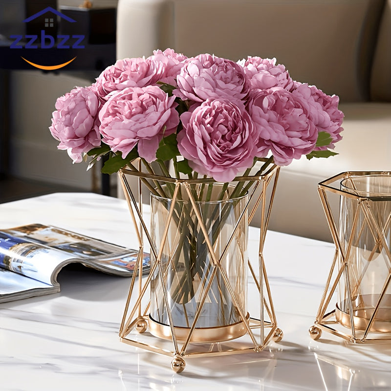 1 pieza de Jarrón Metálico Dorado y Plástico Transparente ZZBZZ - Decoración Elegante Moderna para Sala de Estar, Centro de Mesa de Comedor, Portavelas, Sin Batería, Ambientador Romántico | Diseño Lujoso | Acabado Electrolítico