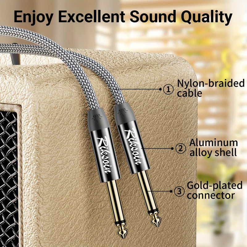 Cable de instrumento de 6,35 mm, de lujo plateado, con enchufe de canal único de 6,35 mm y línea TS de 1/4", no equilibrado, cable de salto de guitarra/instrumento, macho a macho, con carcasa de aleación de zinc y banda trenzada de nailon, adecuado para