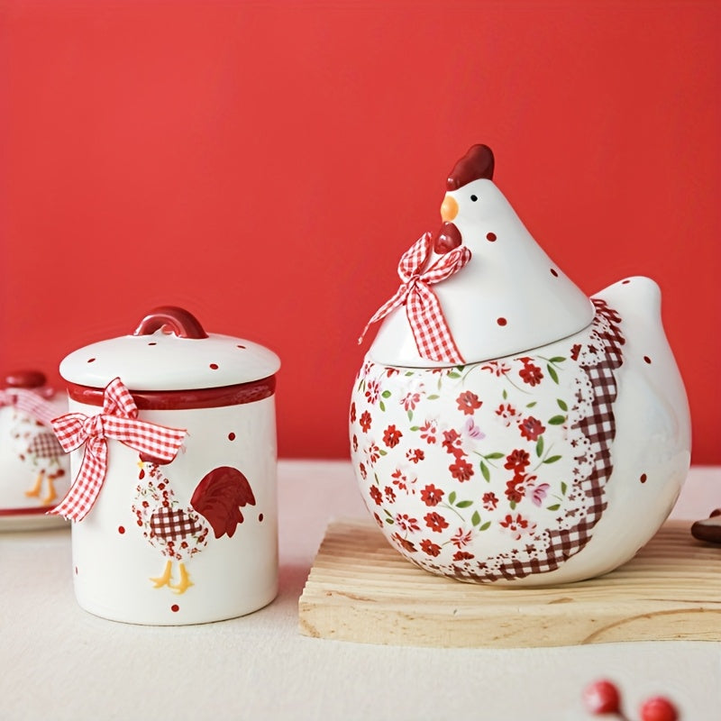 Tarro de Cerámica con Diseño de Pollo Floral Rojo Encantador - Apto para Microondas, Contenedor Sellado con Tapa Abatible para Organización y Decoración de Cocina