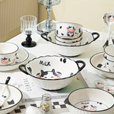 Juego de vajilla de cerámica moderna con lindo diseño de vaca de dibujos animados, platos y cuencos redondos con temática animal, adecuado para residencias universitarias y estudiantes universitarios - Juego de 3/4 piezas