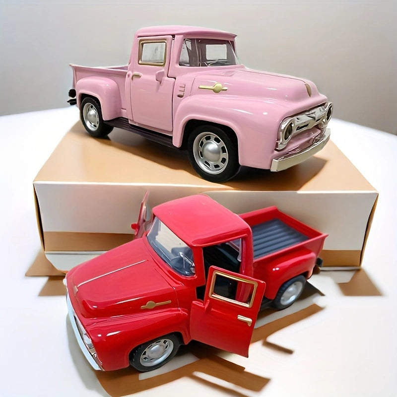 [Modelo Clásico Vintage Rosa Rojo] Modelo Clásico de Auto Vintage de Aleación Metálica Rosa y Rojo - 1 ud Adorno de Camioneta con Puertas y Capó Abatibles, Detalles Cromados - No Requiere Baterías para Decoración de Hogar y Oficina