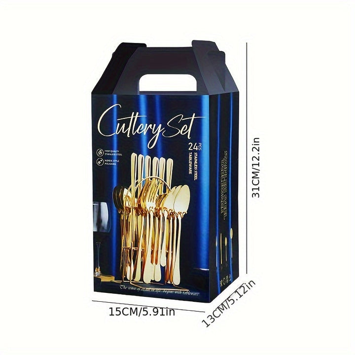 Juego de 24 piezas de cubiertos con colgador, incluye cuchillos, tenedores, cucharas, cucharitas y colgador, vajilla ideal para cenas familiares y reuniones, apto para lavavajillas