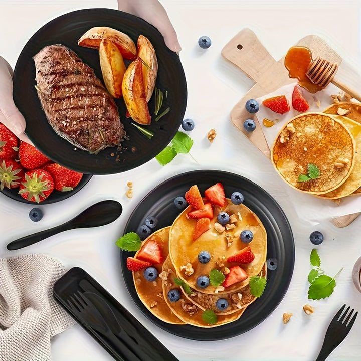 1 Juego de alta calidad de platos, tazas y vasos de paja negra - Incluye platos, tazones y tazas con diseño elegante de costuras - Perfecto para cumpleaños, fiestas y uso diario - Material de polipropileno seguro para alimentos, juego de platos diarios |