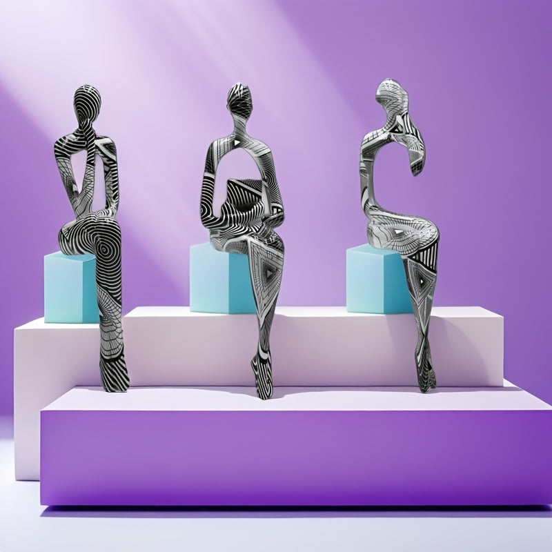 Conjunto de 3 Figuras Abstractas de Resina en Diversas Posiciones Sentadas, Estatuas de Arte de Calidad para Decoración del Hogar y del Sitio, Decoración Interior DIY, Grupo, Estatua de Figura