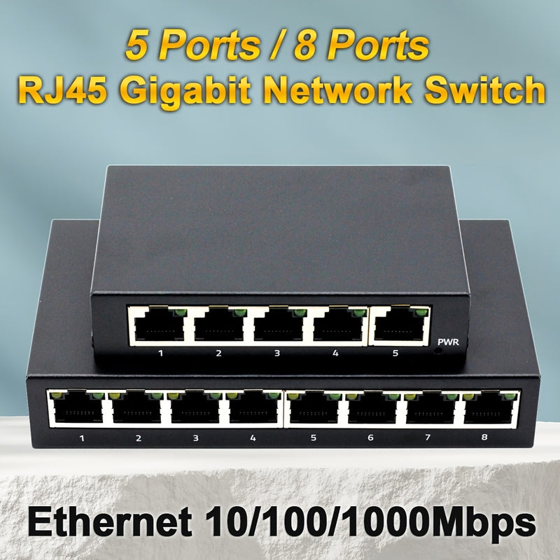 Conmutador de Red Gigabit 10/100/1000Mbps, 8 Puertos/5 Puertos, Carcasa Metálica, Alimentación USB para Escritorio, Adaptador Ethernet RJ45 Plug-and-Play con Cambio Automático MDI/MDIX Rápido, Ideal para Hogar/Dormitorio y Oficina - Múltiples Opciones de