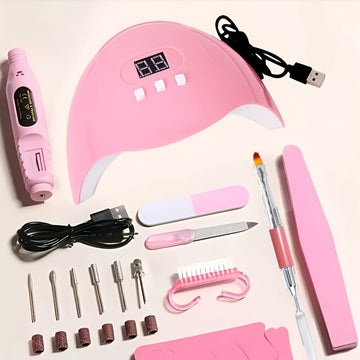 Kit de Cuidado de Uñas 15 Piezas: Lámpara LED, Quitaesmalte, Brocas para Taladro, Pegamento Extensor, Empujador de Cutículas de Silicona, Separador de Dedos y Bloque Pulidor