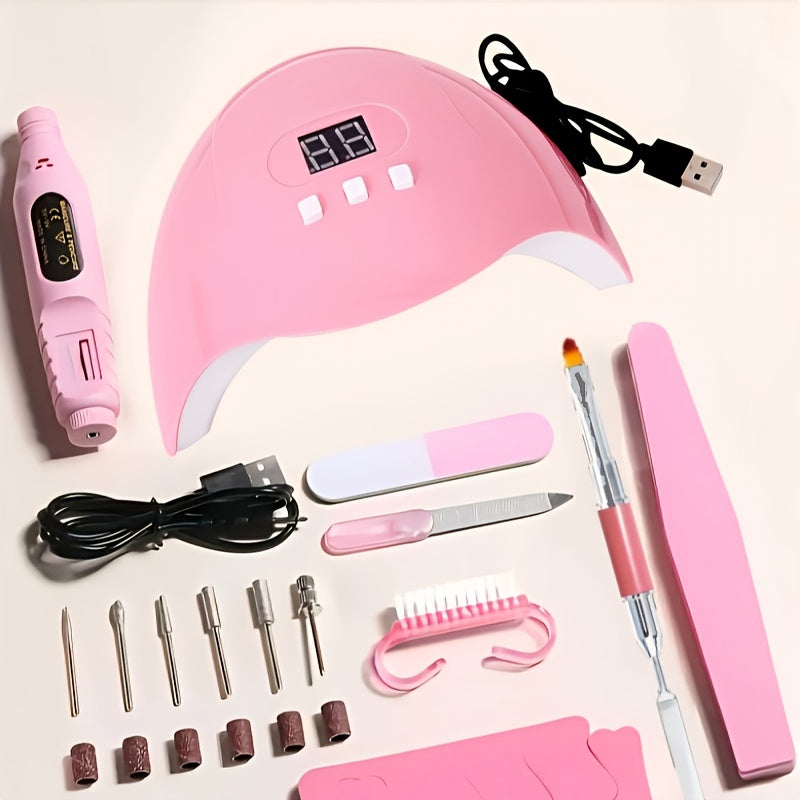 Kit de Cuidado de Uñas 15 Piezas: Lámpara LED, Quitaesmalte, Brocas para Taladro, Pegamento Extensor, Empujador de Cutículas de Silicona, Separador de Dedos y Bloque Pulidor
