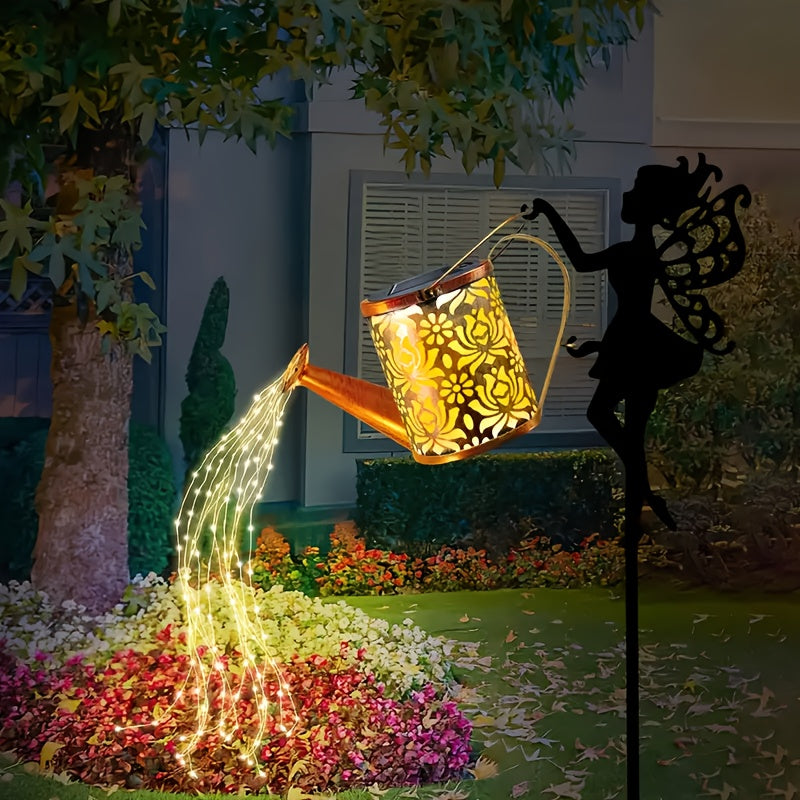 Linterna de sol para exteriores con forma de tetera y luces de cuerda, lámpara decorativa colgante en forma de ángel solar, lámpara de cascada solar, adecuada para caminos de jardín del patio, terraza del hogar y regalos festivos