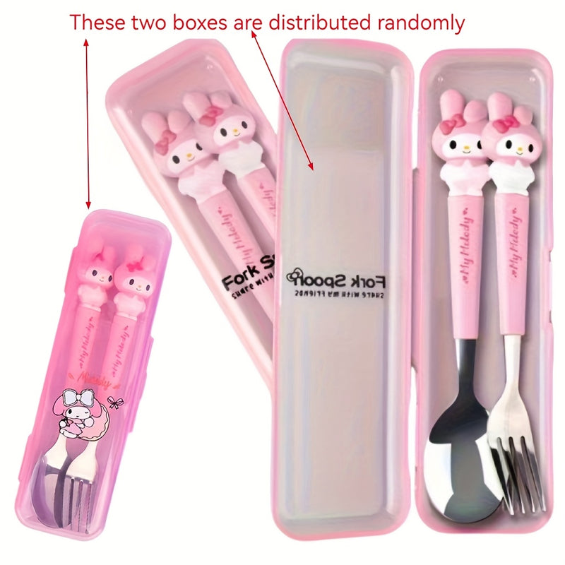 Juego de cubiertos Sanrio con tenedor y cuchara de Hello Kitty, en caja, ideal para familias, residencias, campamentos y picnics, con diseño adorable