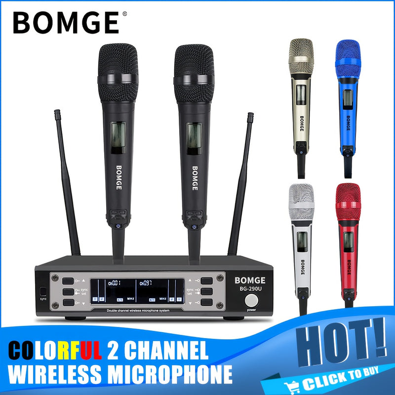 Sistema profesional de micrófonos inalámbricos UHF de 2 canales BOMGE, con 2 micrófonos de mano metálicos multicolor y receptor de frecuencia ajustable, ideal para iglesias, karaoke, presentaciones de DJ, KTV y podcast
