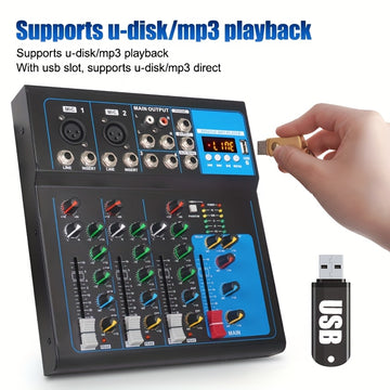 Consola mezcladora profesional NXG de 4 canales con efecto DSP, USB/MP3 para presentaciones en vivo, karaoke y transmisiones, cuerpo de aleación, operación con fuente de alimentación, enchufe para 110-130V