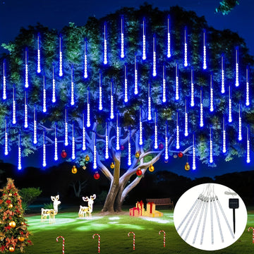 Luces de meteoro de hielo solar con interruptor inteligente, 192/288 LEDs Luces de gota de lluvia, IP44 Sensor de luz inteligente para Halloween Navidad Festival Iluminación comercial, Luces de lluvia de meteoro para árbol jardín fiesta al aire libre