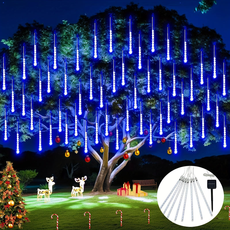 Luces de meteoro de hielo solar con interruptor inteligente, 192/288 LEDs Luces de gota de lluvia, IP44 Sensor de luz inteligente para Halloween Navidad Festival Iluminación comercial, Luces de lluvia de meteoro para árbol jardín fiesta al aire libre