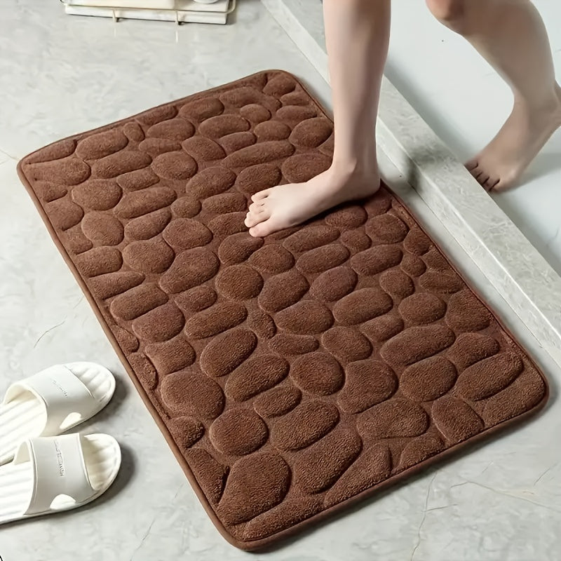 1pc Alfombra de baño de lujo con diseño de guijarros - Antideslizante, suave vellón de coral, secado rápido, alfombra de baño de poliéster absorbente - Lavable a máquina, accesorio de baño rectangular tejido con respaldo antideslizante, 300 g/m²