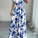 Elegante vestido largo de flores rosas con cuello en V y mangas cortas - Silueta de línea A que fluye, cintura ceñida, perfecto para primavera/otoño, ropa casual a formal, ropa elegante casual | Vestido con estampado floral | Diseño de cintura ceñida