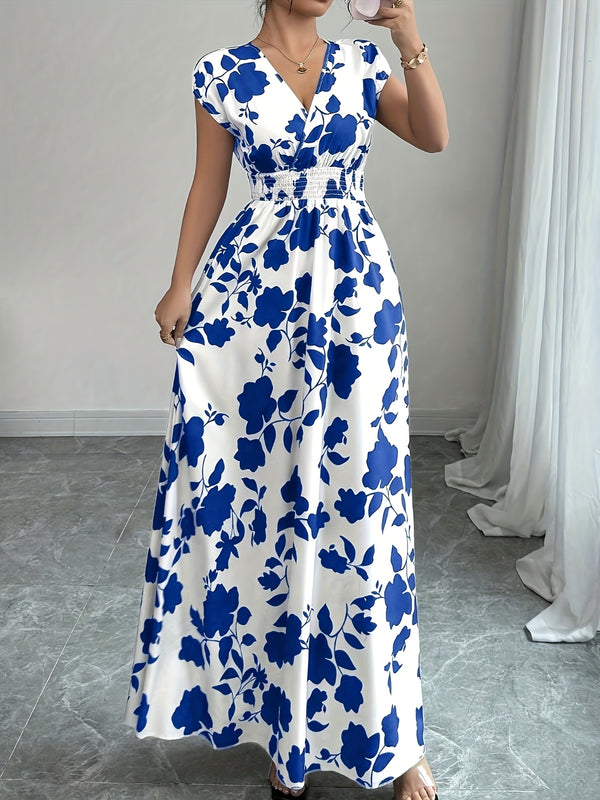 Elegante vestido largo de flores rosas con cuello en V y mangas cortas - Silueta de línea A que fluye, cintura ceñida, perfecto para primavera/otoño, ropa casual a formal, ropa elegante casual | Vestido con estampado floral | Diseño de cintura ceñida
