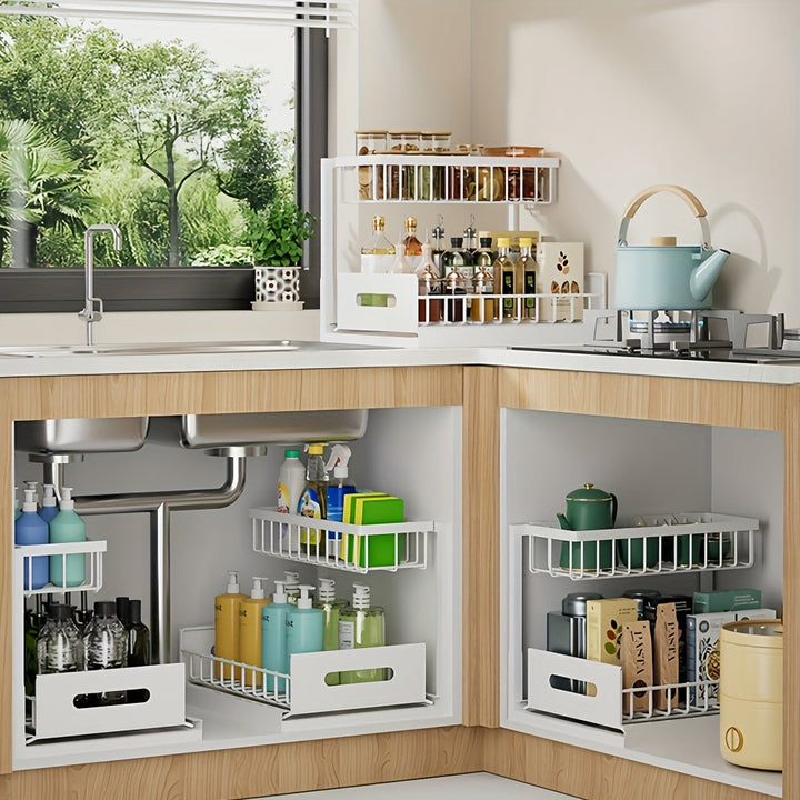 1pc Estante Extraíble de Doble Capa para Debajo del Fregadero, Estantería Multifuncional de Acero al Carbono para Cocina y Baño, Adecuado para Organizar Esenciales y Productos de Limpieza - /Blanco/Gris