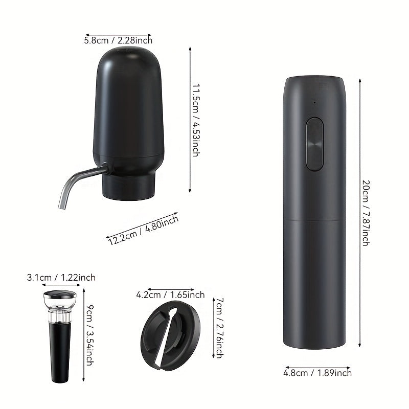 Juego de Abrebotellas Recargable 4 en 1 con Aireador, Cortador de Papel de Aluminio y Tapón de Vacío - Regalo Perfecto para Aficionados al Vino, Alimentado por USB, Negro
