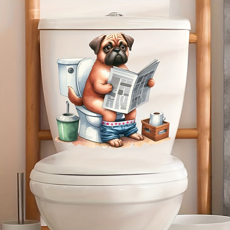 1 calcomanía autoadhesiva divertida de perro leyendo periódico para inodoro, decoración de baño con diseño juguetón, adhesivo desechable para cerámica, decoración humorística para el hogar