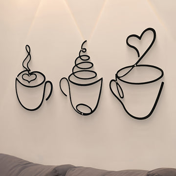 1 taza de café de metal negro moderno, escultura de patrón gráfico, decoración de tema cultural para pared para salón, restaurante, fondo de habitación, uso interior - Arte de hierro de lujo colgado en la pared