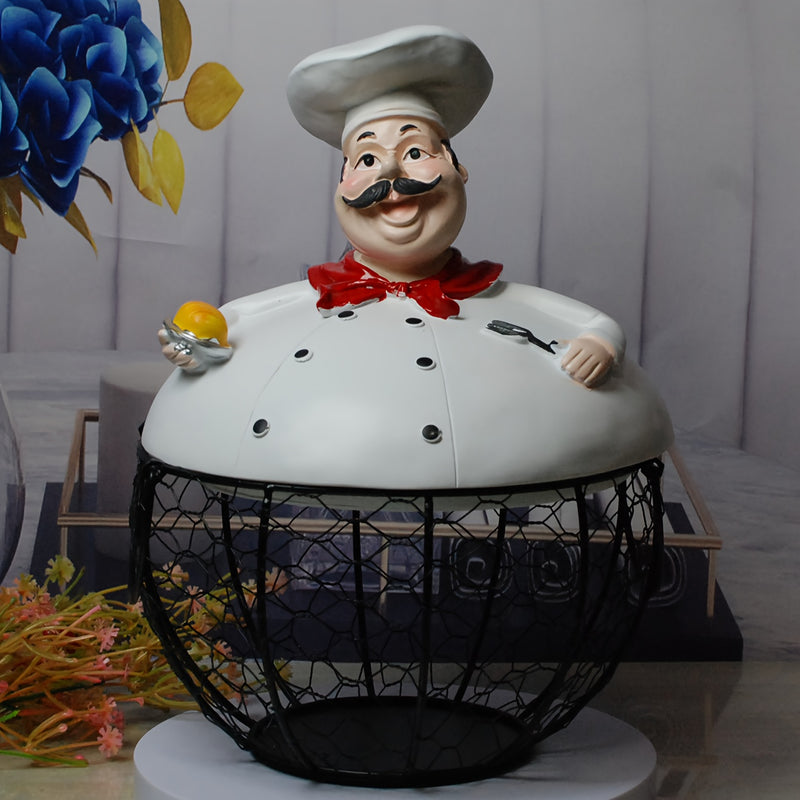 Cesta de almacenamiento de huevos de metal con temática de chef con tapa, organizador decorativo de encimera de cocina, seguro para el contacto con alimentos - 1 pieza
