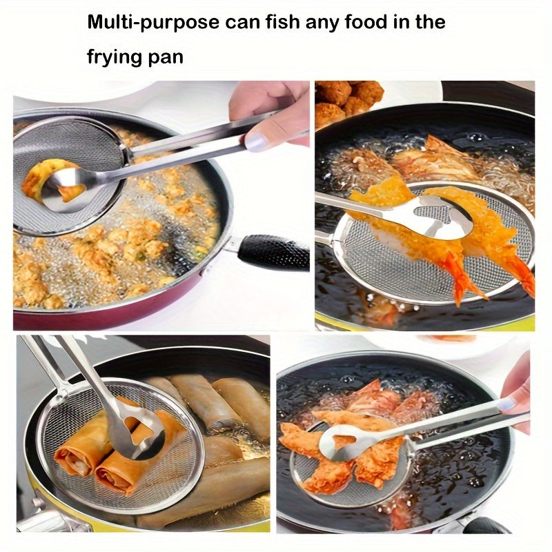 Cuchara de colador de cocina de acero inoxidable SHAON con pinzas - Resistente al calor, duradera para freír y saltear, diseño ergonómico para una preparación de alimentos eficiente, accesorios para sartenes, acabado metálico elegante, vajilla de cocina