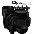 Juego de vajilla de plástico PP ligero, 32/64 piezas, resistente para microondas y lavavajillas, forma redonda moderna, ideal para Año Nuevo, Día de San Valentín y picnics al aire libre (en gris y negro), esenciales para picnic, vajilla moderna, juego de