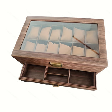 Organizador de relojes y joyas de lujo de 12 ranuras con tapa de vidrio - Almacenamiento de doble capa para relojes, anillos, gafas de moda - Ideal para hombres, mujeres, parejas - Regalo perfecto para bodas, cumpleaños, Pascua, Día del Padre - Resistent