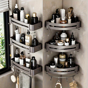1/2/3 Piezas Estante de Aluminio para Baño Sin Taladro - Repisa de Esquina Montada en Pared para Champú, Maquillaje y Accesorios