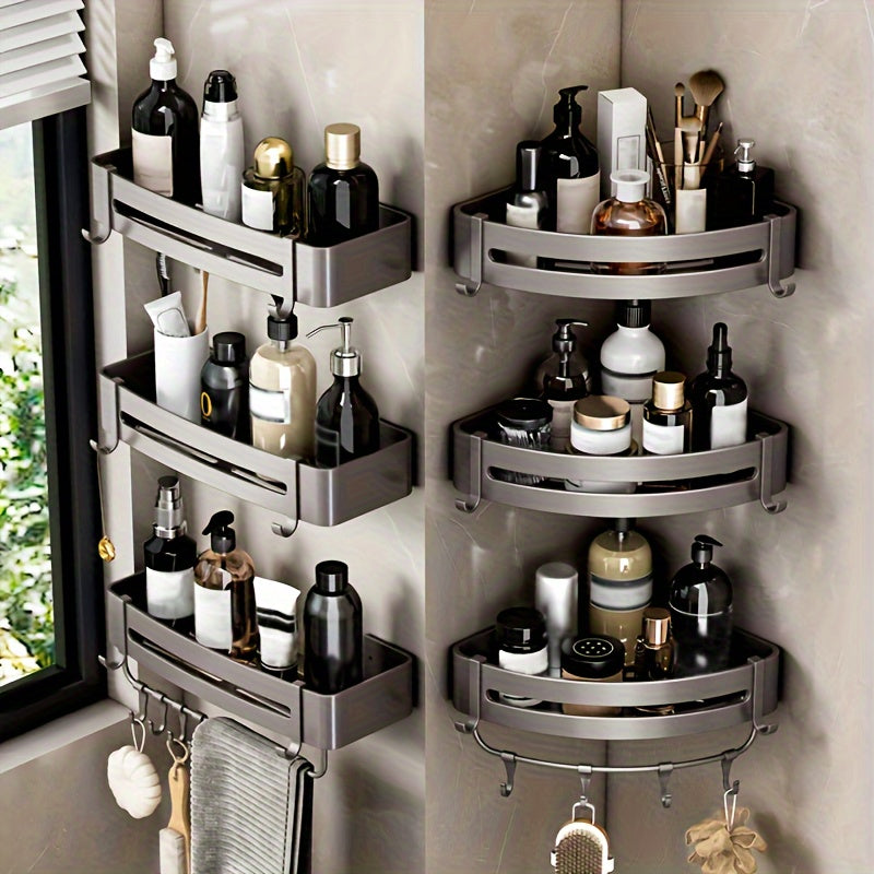 1/2/3 Piezas Estante de Aluminio para Baño Sin Taladro - Repisa de Esquina Montada en Pared para Champú, Maquillaje y Accesorios