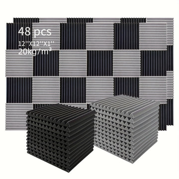 48pcs Paneles de Espuma Acústica, Cuñas de Aislamiento Acústico para Estudio, Relleno Antifuego y Aislante de Sonido, Cuñas de 1"×12"×12" Tratamiento de Absorción con Esponja de Espuma Acústica, Ideal para Dormitorio, Estudio y Oficina, Negro y Gris
