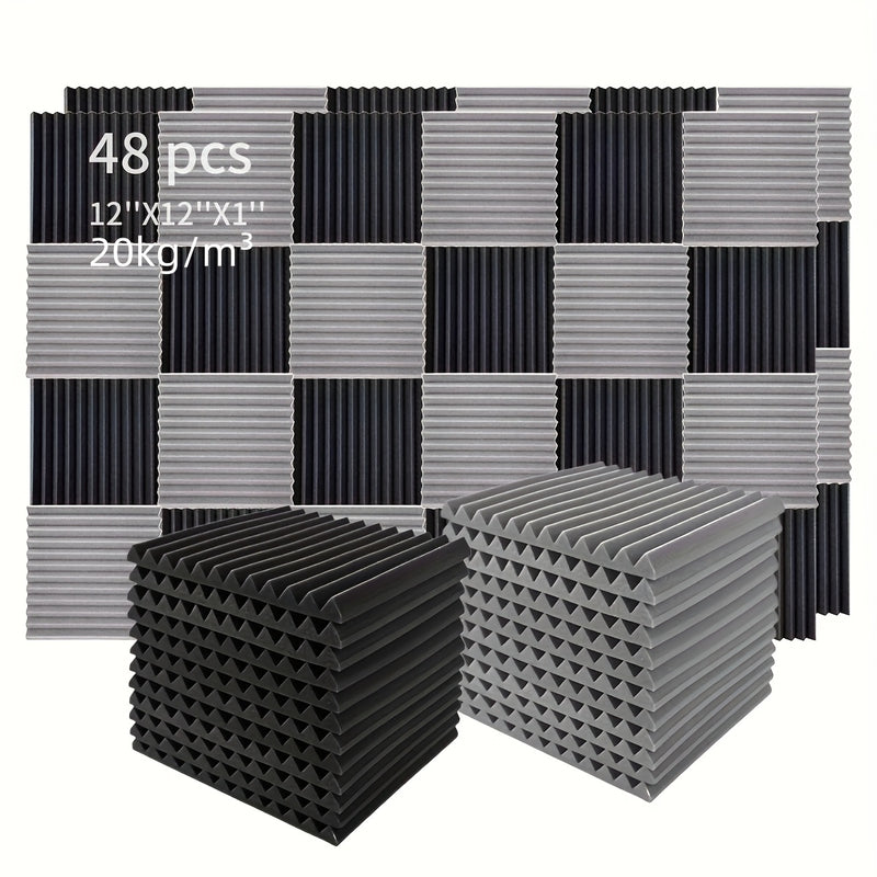 48pcs Paneles de Espuma Acústica, Cuñas de Aislamiento Acústico para Estudio, Relleno Antifuego y Aislante de Sonido, Cuñas de 1"×12"×12" Tratamiento de Absorción con Esponja de Espuma Acústica, Ideal para Dormitorio, Estudio y Oficina, Negro y Gris