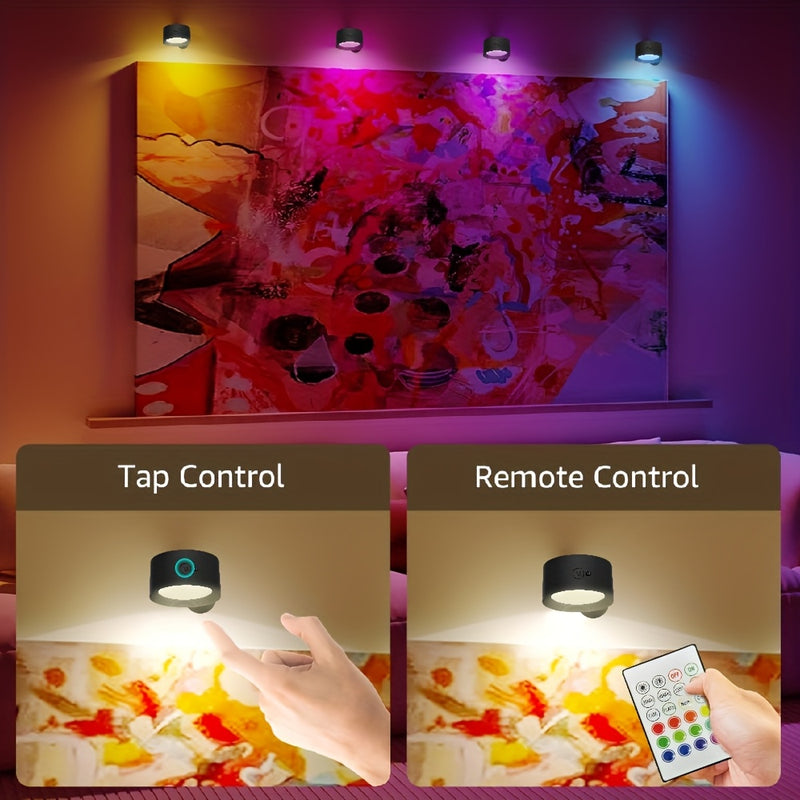 GVTCO 2pcs/1pc Luz LED de Pared, Lámpara Mural RGBW Inalámbrica con Rotación 360°, Sin Necesidad de Taladrar, Batería 120mAh, Control Remoto - Regulable para Iluminación Nocturna en Mesitas de Noche, Lectura y Decoración de Dormitorio