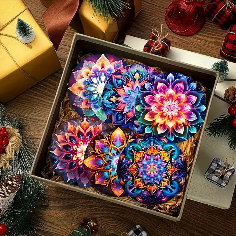 Juego de 6 Posavasos de Madera Mandala Coloridos - Perfecto para Café, Té y Bebidas - Protección Ideal para Mesas en Navidad, Halloween y San Valentín