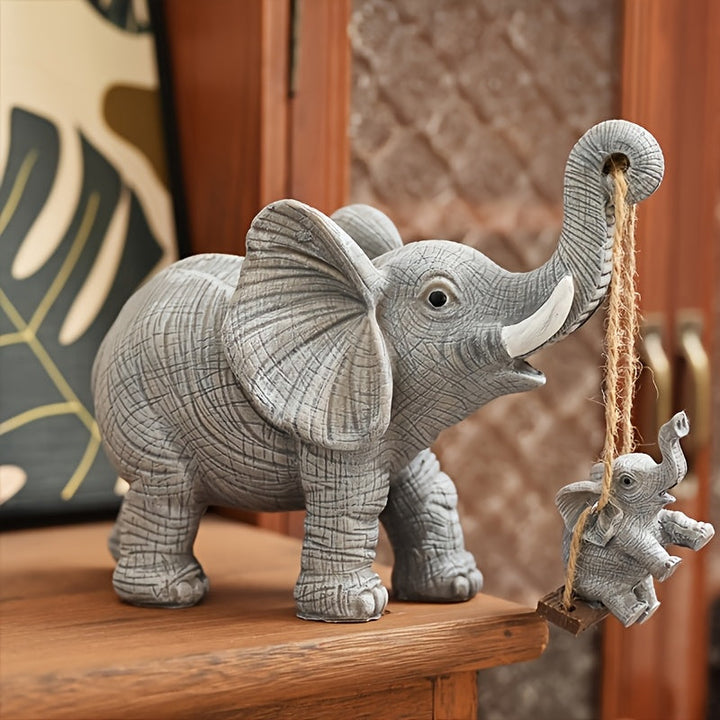 Encantadora Figura de Elefante en Resina con Columpio y Cuna – Diseño Gris Detallado para Decoración Interior/Exterior, Ideal para Sala, Estantería, Vitrina o Soporte de Televisión, Adorno de Elefante