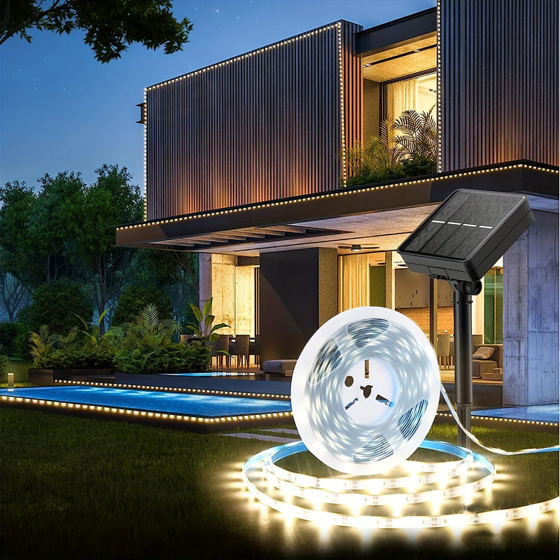 Luces de tira solares, control remoto, 300 LED/5.0 metros, luces de escalera para exteriores, 8 modos de iluminación, encendido/apagado automático, Navidad, cenador, dosel, escaleras de piscina, porche, gallinero, material de PVC, acabado mate, voltaje d