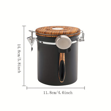1.5L 304 Tanque Sellado de Acero Inoxidable para Café, Tanque de Almacenamiento de Granos de Café, Tanque de Almacenamiento Sellado con Cubierta de Grano de Madera y Cuchara, Contenedor de Café