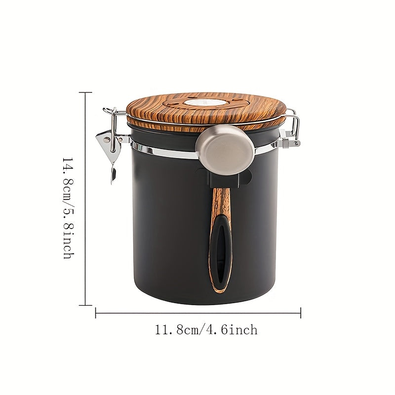 1.5L 304 Tanque Sellado de Acero Inoxidable para Café, Tanque de Almacenamiento de Granos de Café, Tanque de Almacenamiento Sellado con Cubierta de Grano de Madera y Cuchara, Contenedor de Café